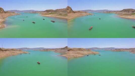 翡翠湖中的渔船航拍高清在线视频素材下载