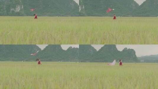 田地间放风筝的小女孩3高清在线视频素材下载
