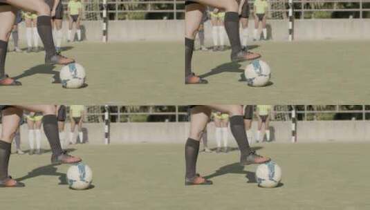 足球运动员把脚放在足球上的特写镜头高清在线视频素材下载