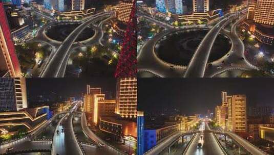 南昌老福山街心花园立交夜景航拍高清在线视频素材下载