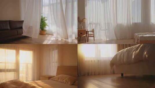 清晨阳光透过窗帘照射进房间高清在线视频素材下载