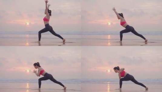 清晨海边美女迎着朝阳练习瑜珈高清在线视频素材下载