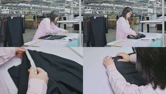 服装厂女工正在质量测量裤子质检高清在线视频素材下载