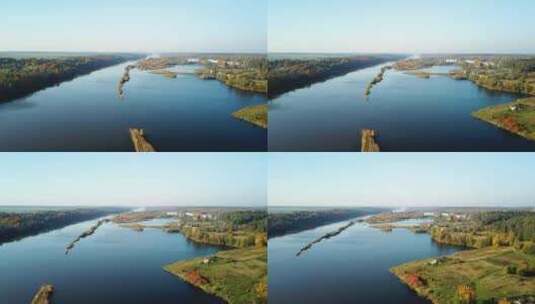 航拍秋天河流两边景色高清在线视频素材下载