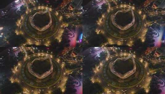 武汉光谷国际广场夜景航拍交通俯拍车流转盘高清在线视频素材下载