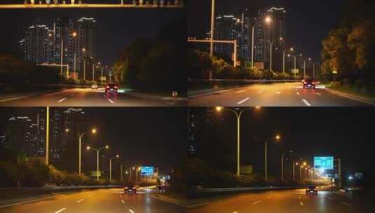 夜间开车行驶在城市道路夜晚城市车窗外风景高清在线视频素材下载