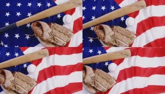 美国国旗上的打棒球装备高清在线视频素材下载