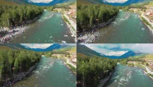 禾木河 航拍  喀纳斯河 阿勒泰新疆 4k高清在线视频素材下载