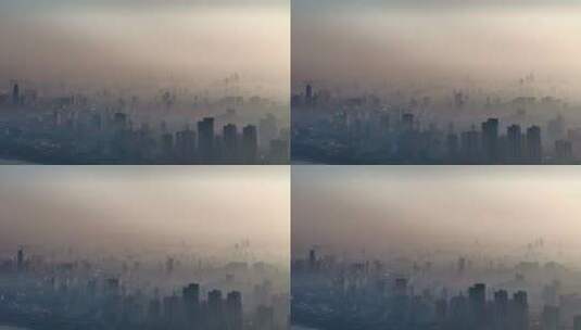 清晨日出雾霾下的城市高清在线视频素材下载