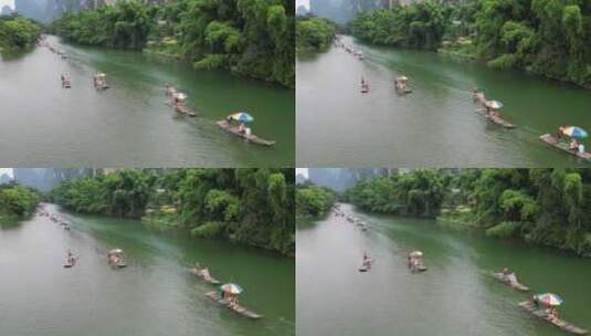 航拍桂林遇龙河竹筏漂流高清在线视频素材下载