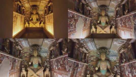 走入敦煌莫高窟佛教石窟观看佛像高清在线视频素材下载
