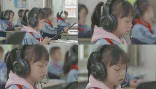 乡村小学生头戴耳机听英语IPAD平等教育高清在线视频素材下载