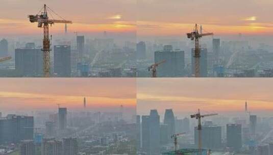 朝霞中成都最高楼蜀峰468与城市建设塔吊高清在线视频素材下载