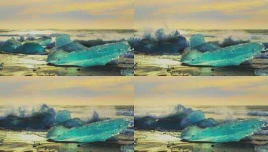 4K-蓝色冰川、冰岛钻石冰黑沙滩01高清在线视频素材下载