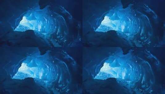 被雪覆盖的蓝色冰洞，被光淹没高清在线视频素材下载