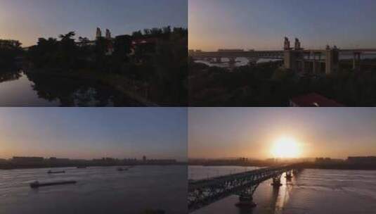 夕阳航拍南京长江大桥高清在线视频素材下载