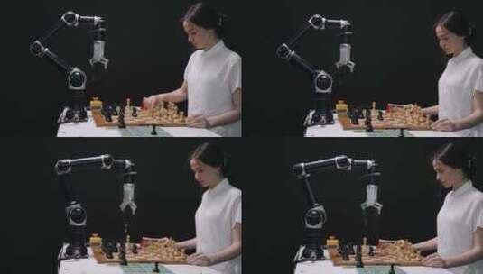 年轻女子与机器人下棋高清在线视频素材下载