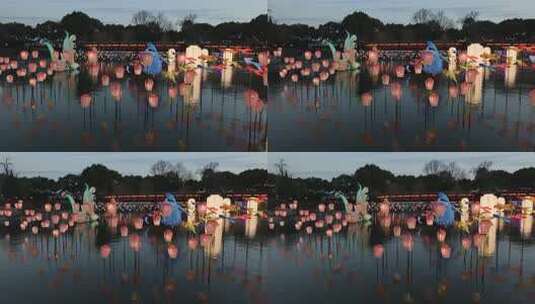 苏州盘门古典建筑旁水面上的多彩灯笼夜景高清在线视频素材下载