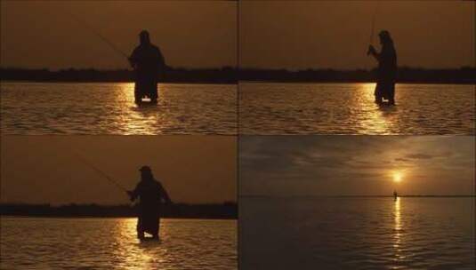 日落时分渔夫站在河里高清在线视频素材下载