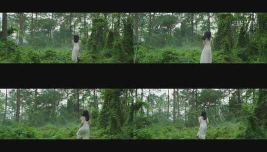 白色长裙女子迷失在森林里找寻高清在线视频素材下载