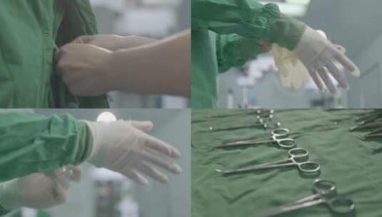 唯美手术室穿手术衣戴手套手术包工具手术前高清在线视频素材下载