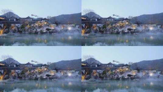 中式合院外景观水池假山假石高清在线视频素材下载