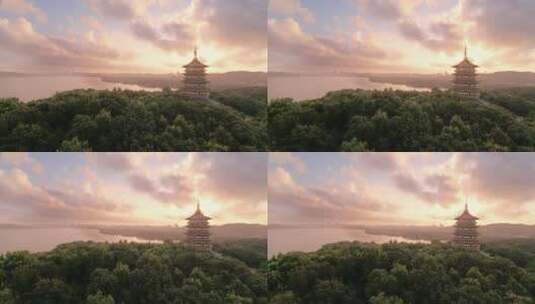 航拍杭州夕阳西湖风景区雷峰塔高清在线视频素材下载