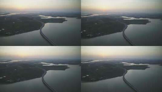 武汉江夏4环航拍与太阳大桥湖景清晨709高清在线视频素材下载