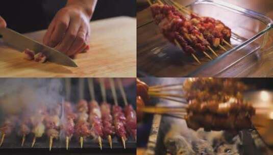 烧烤烤串牛肉串制作过程 东北大排档高清在线视频素材下载
