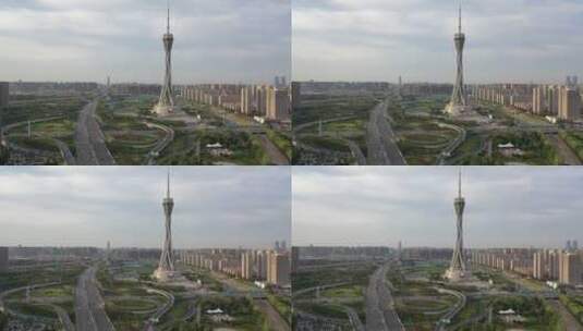 郑州中原福塔城市地标交通航拍高清在线视频素材下载