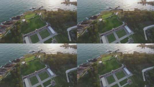 航拍晨光中的威海刘公岛东泓炮台高清在线视频素材下载