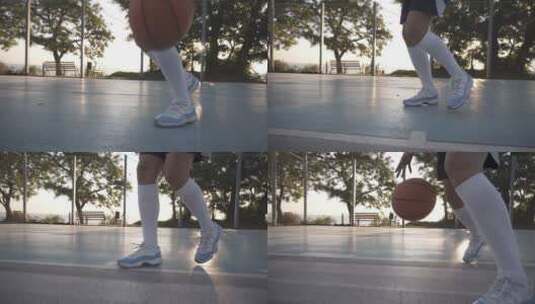 篮球运动员在篮球场打篮球脚步特写高清在线视频素材下载