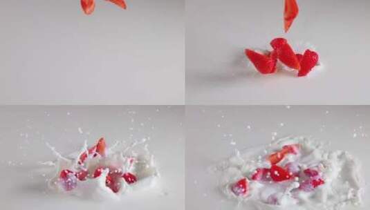 草莓掉入牛奶高清在线视频素材下载