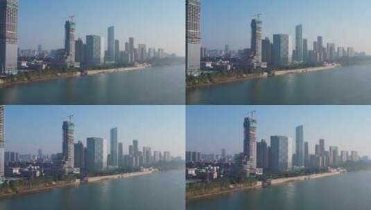 航拍长沙湘江边城市建筑高清在线视频素材下载