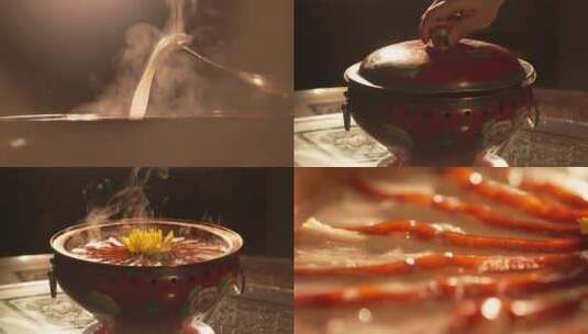 传统满族宫廷菜-菊花酸菜炉肉暖锅 高速摄影高清在线视频素材下载