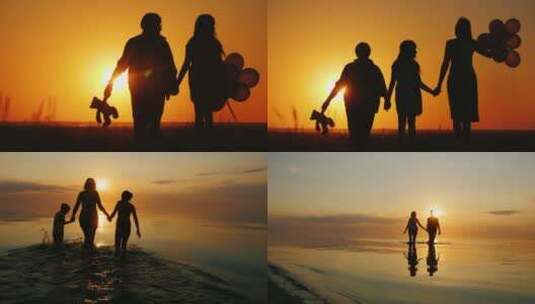 幸福的一家人三口海边散步看夕阳晚霞高清在线视频素材下载