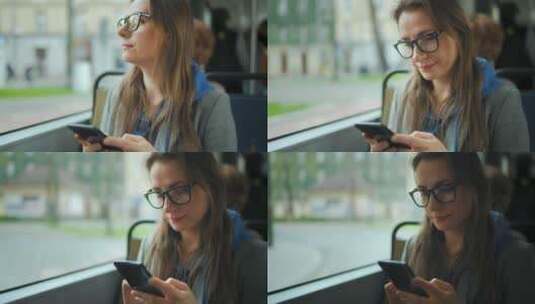 公交车上玩手机的女人高清在线视频素材下载
