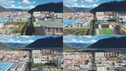 西藏 航拍 空镜 街道 建筑 城镇 山 蓝天高清在线视频素材下载
