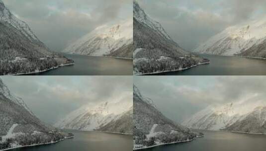 航拍冬天森林山峰山脉河流湖泊雪山雪松高清在线视频素材下载