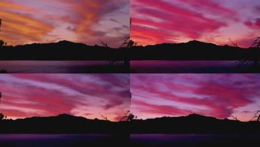 夕阳山峰湖泊风景延时晚霞火烧云紫色天空高清在线视频素材下载