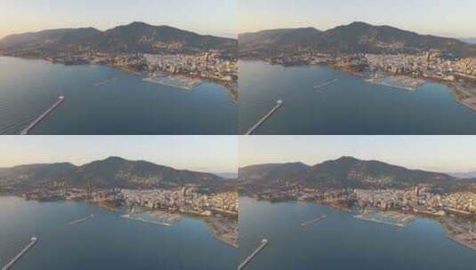 希腊莱斯沃斯岛米蒂利尼市壮丽的风景，港口停泊着船只和游艇高清在线视频素材下载