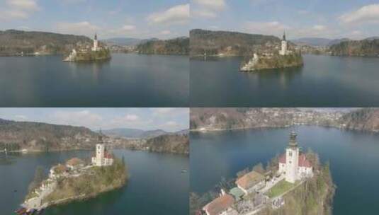 斯洛文尼亚布莱德湖中央的小教堂飞越岛屿高清在线视频素材下载