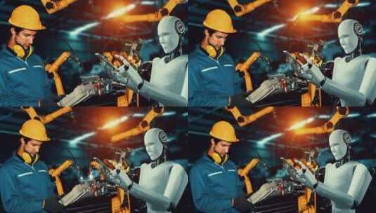 数字化工业机器人和人类工人在未来工厂中协同工作高清在线视频素材下载