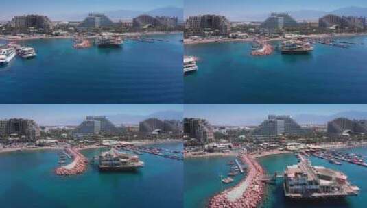 酒店码头和沙漠中船只的航拍镜头高清在线视频素材下载