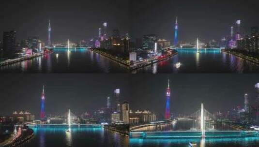 广州塔珠江夜景航拍猎德大桥夜晚江滨风光高清在线视频素材下载