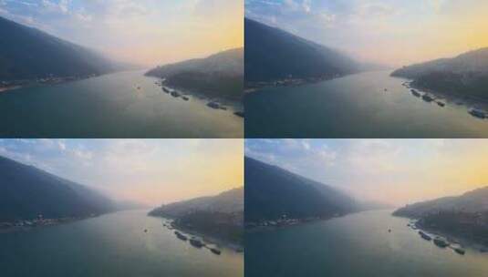 长江三峡日落沿江前行航拍高清在线视频素材下载