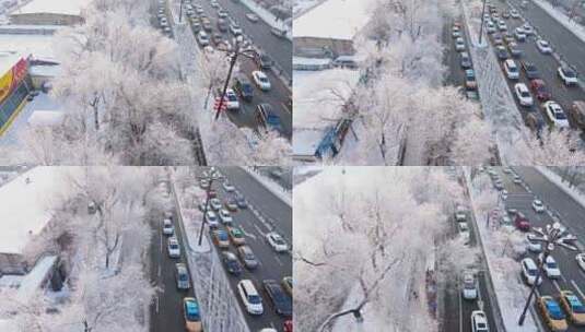 中国黑龙江哈尔滨城区雾凇雪景航拍高清在线视频素材下载