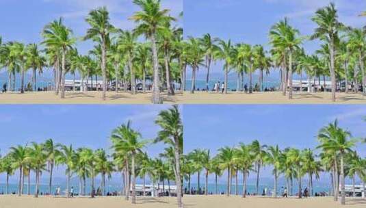 海南三亚西岛蓝天白云下的椰树沙滩与游客高清在线视频素材下载