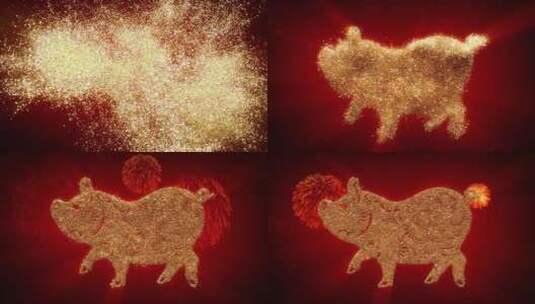 金色闪光颗粒猪中国十二生肖在红色背景与烟高清在线视频素材下载