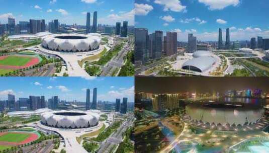 浙江杭州萧山区亚运会奥体中心航拍城市高清在线视频素材下载